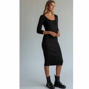 James Perse Minimalist Ribbed knit  Midi Dress Black Size XS Designer goth chic